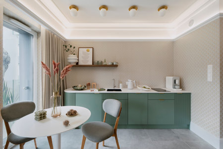 Interior design of dining room interior with mock up poster frame, round table, green shelf, vase...