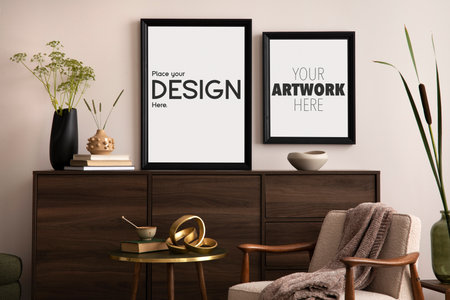 Iterior design of elegant apartment with poster, commode, armchair with plaid, coffee table and...