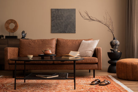 Cozy composition of living room interior with mock up poster frame, brown sofa, black coffee table, stylish pouf, vase with branch, patterned rug and personal accessories. Home decor. Template.の写真素材