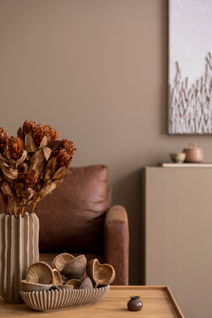 Creative composition of living room interior with brown sofa, wooden coffee table, brown sideboard,...