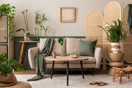 Interior design of spring living room interior with mock up poster frame, beige sofa, wooden coffee...