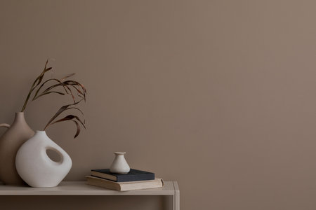 Minimalist composition of living room interior with copy space, beige console, books, stylish vase with dried flowers and personal accessories. Home decor. Template.の写真素材
