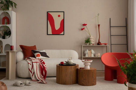 Creative composition of living room interior with mock up poster frame red armchair, beige sofa,...