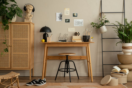 Creative composition of warm office interior with mock up poster frame, wooden desk, rattan...