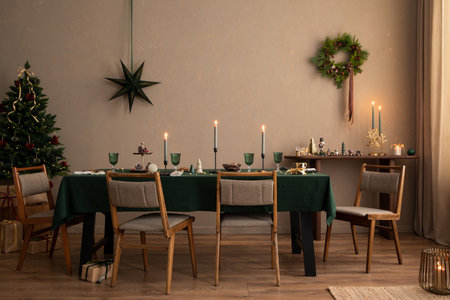 Interior design of christmas dining room interior with table, christmas tree, stylish chair, wreath, candle with candle stick, wooden console and personal accessories. Home decor. Template.の写真素材
