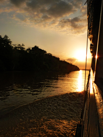Sunset going up the Amazon River. Texas Rose sky and an amazing sun reflection on the water. The Amazon Forest is just a black silhouette on the background. The picture was taken in Paraná, Brazilの写真素材