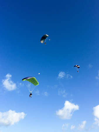 Three skydivers in the sky, Cuba, Varaderoの写真素材