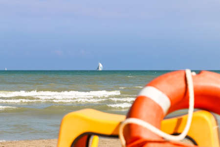 View from shore to sailing boats far to the sea, Italy, Riccioneの写真素材
