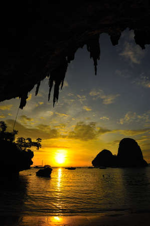 Sunset at the cave, Aonang, Krabi, Thailandの写真素材