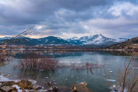 Frozen lake located in Navacerrada, Spain, During the winter.の写真素材