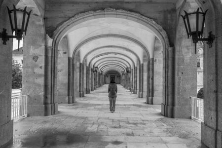 Symmetrical corridor with rows of columnsのeditorial素材
