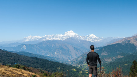 Hiker enjoying the Himalayan mountainsの写真素材