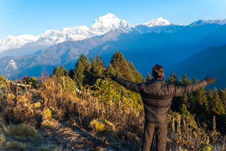 Hiker enjoying the Himalayan mountainsの写真素材