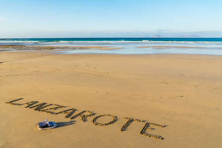 Lanzarote text written on the beach, Lanzarote, Canary Islands, Spainの写真素材