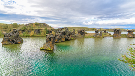 Amazing lava rock formations at Myvatn lake, Icelandの写真素材