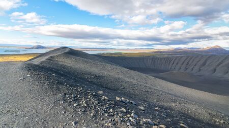 View of amazing Hverfjall volcanic crater in Icelandの写真素材