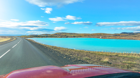 View of amazing Bjarnarflag blue lagoon from the car, Icelandの写真素材