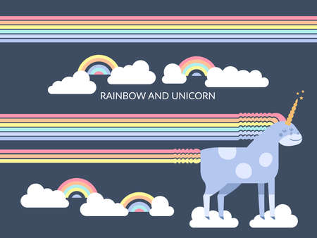 Cute vector unicorn in flat style. Unicorn horse with rainbow mane and tail for your design, fabric,...
