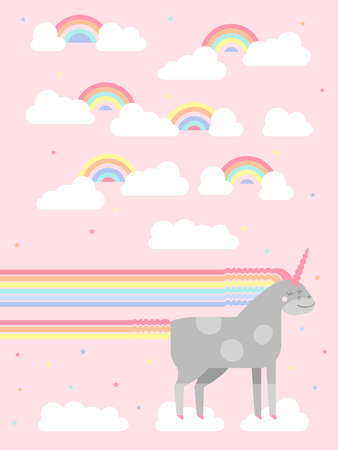 Cute vector unicorn in flat style. Unicorn horse with rainbow mane and tail for your design, fabric, textile, wallpaper, greeting and motivate postcards and posters and other.のイラスト素材