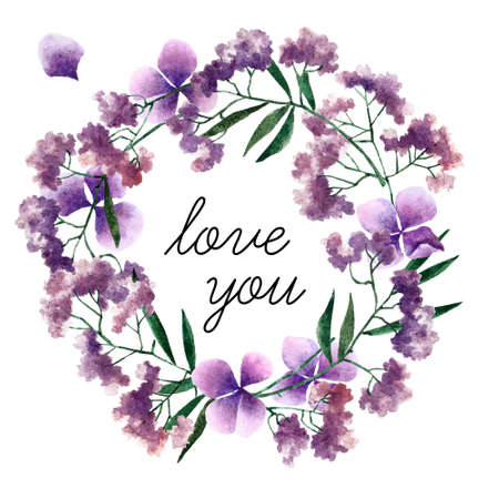 Big watercolor botanical wreath. Beautiful botanical wreath isolated on white background. Hand drawn herbs and flowers for your design. の写真素材