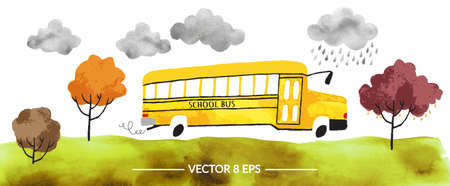 Vector. Hand drawn watercolor school bus with autumn trees and grass and clouds isolated on white background.のイラスト素材