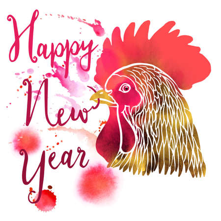 Vector. Watercolor rooster with inscription isolated on white background. Happy New Year hand drawn vector inscription. Perfect for New year postcards, banners.のイラスト素材