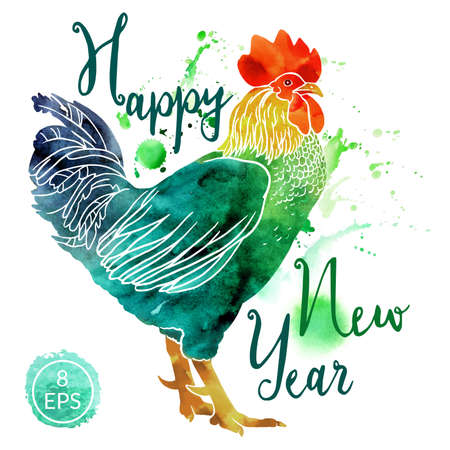 Vector. Watercolor rooster with inscription isolated on white background. Happy New Year hand drawn vector inscription. Perfect for New year postcards, banners.のイラスト素材
