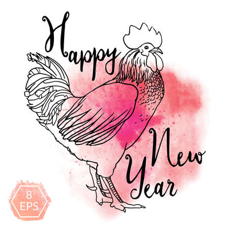Vector. Watercolor rooster with inscription isolated on white background. Happy New Year hand drawn vector inscription. Perfect for New year postcards, banners.のイラスト素材