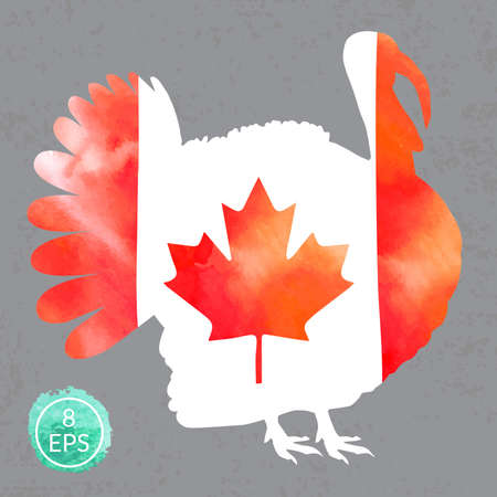 Vector. Watercolor turkey isolated on grey grange background for your design. Watercolor turkey silhouette with Canadian flag perfect for Thanksgiving day.のイラスト素材