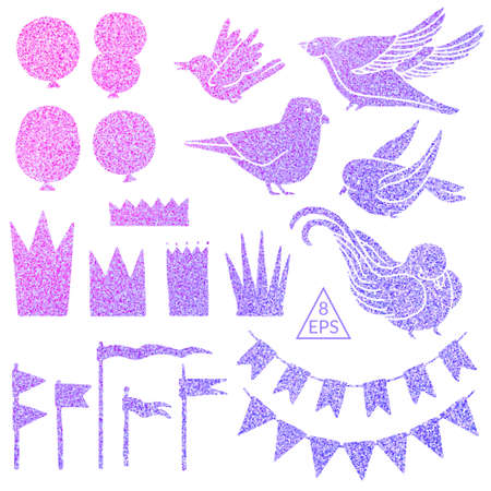 Vector. Set of party elements with colorful glitter isolated on white background. Elements for Birthday party, postcards, invitations.のイラスト素材