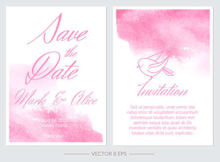 Set of vector Save the Date invitations with hand drawn watercolor blots. Gentle Save the Date postcards with watercolor blots isolated on white background for your design.のイラスト素材
