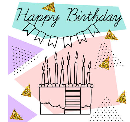 Vector postcard Happy Birthday isolated on white background with gold glitter. Cute postcard with...