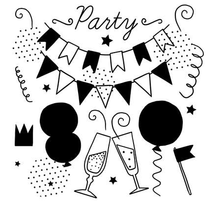 Set of vector black and white elements for party and Birthday isolated on white background. Vector cute elements for party, wedding, Birthday, postcards, invitations and other.のイラスト素材