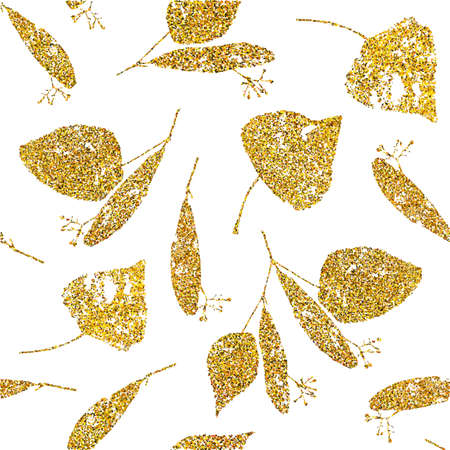 Vector seamless pattern with gold glitter and floral set isolated on white background.のイラスト素材