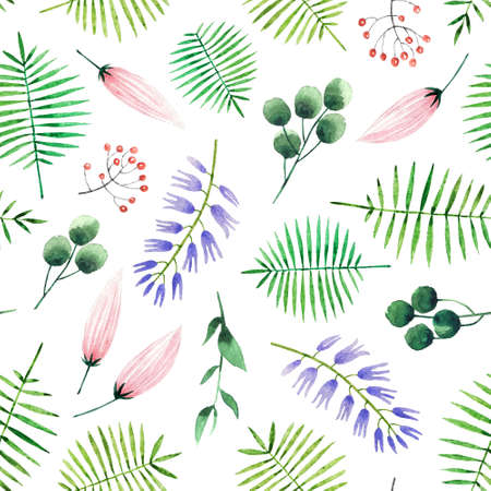 Hand painted watercolor seamless pattern with flowers and leaves. Beautiful and gentle botanical seamless pattern isolated on white background for your design.の写真素材