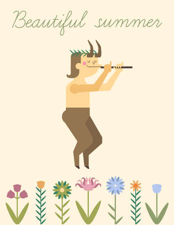 Cute hand drawn vector banner with flowers and faun in flat style. Little funny stylized faun for your design.のイラスト素材