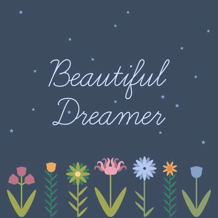 Cute hand drawn vector banner with flowers and in flat style. Little funny stylized flowers for your design.のイラスト素材