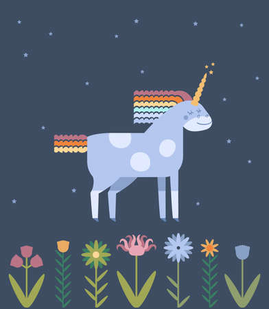 Cute hand drawn vector banner with flowers and unicorn in flat style. Little funny stylized unicorn for your design.のイラスト素材