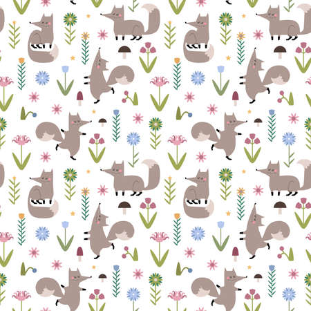 Hand drawn vector pattern with foxes in flat style. Beautiful seamless pattern with foxes, flowers, mushrooms, berries for your design.のイラスト素材