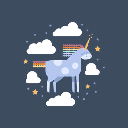 Cute vector unicorn in flat style. Unicorn with rainbow mane and tail with clouds and stars for your design, fabric, textile, wallpaper, greeting and motivate postcards.のイラスト素材