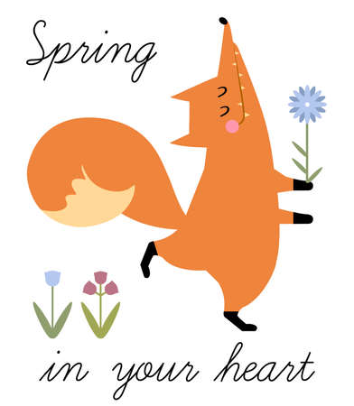 Cute hand drawn vector fox and flowers in flat style. Little funny stylized fox for your design.のイラスト素材
