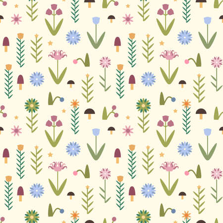 Hand drawn vector flower pattern in flat style. Beautiful seamless pattern with flowers, mushrooms, berries for your design.のイラスト素材