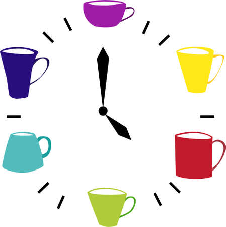 clocks made of colorful cups different sizes and types. time to drink tea