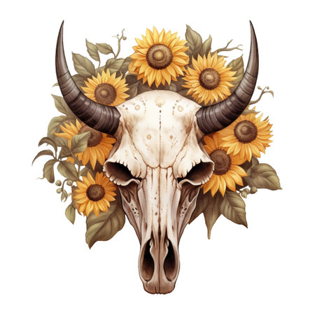 Vibrant Watercolor Bull Skull With Sunflowersの素材