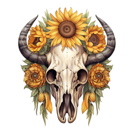 Vibrant Watercolor Bull Skull With Sunflowersの素材
