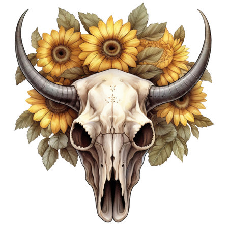 Vibrant Watercolor Bull Skull With Sunflowersの素材