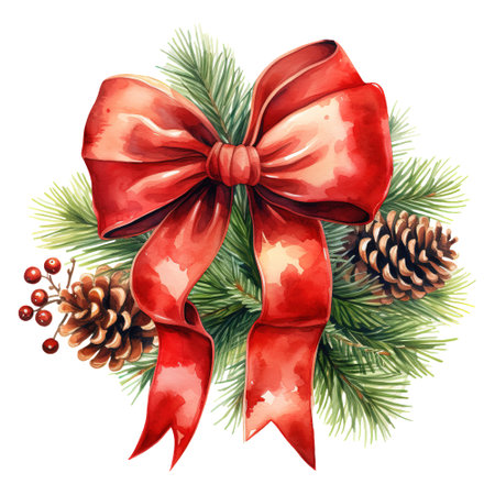 christmas wreath adorned with pine cones and a red bowの素材