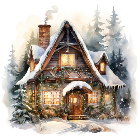 watercolor of a house with a snowの素材