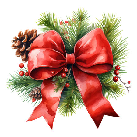 christmas wreath adorned with pine cones and a red bowの素材