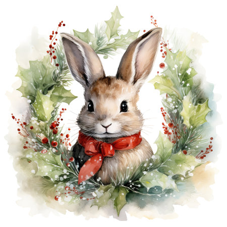 watercolor christmas bunny with wreathの素材